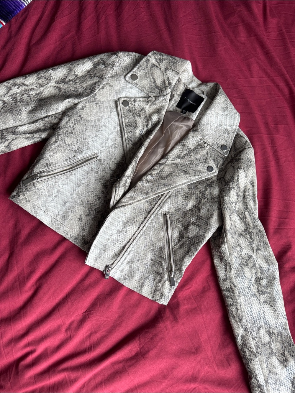 Dynamite Light Gray Snake-Print Cropped Moto Jacket